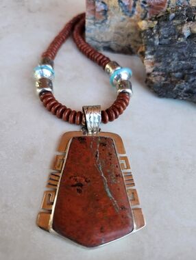 Sterling Silver HUGE Signed Navajo Red Jasper Necklace